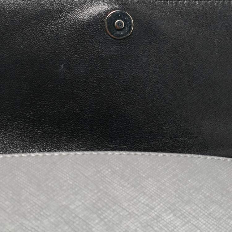Pre Owned Prada Silver Saffiano Lux Leather Flap Chain Clutch