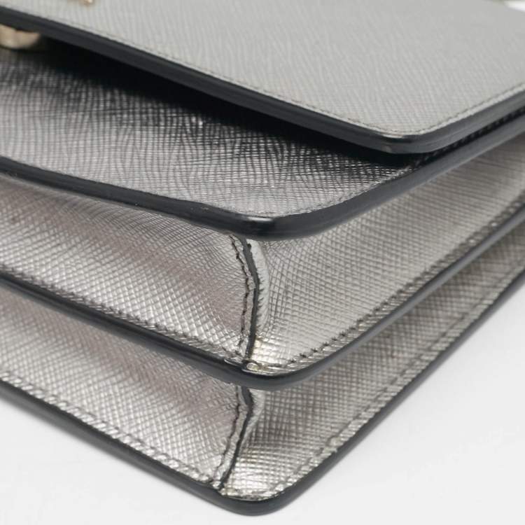 Pre Owned Prada Silver Saffiano Lux Leather Flap Chain Clutch