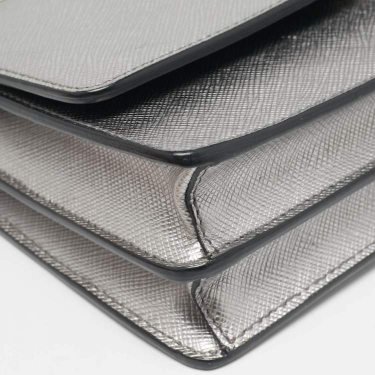 Pre Owned Prada Silver Saffiano Lux Leather Flap Chain Clutch