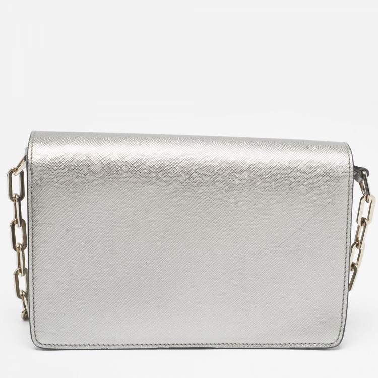 Pre Owned Prada Silver Saffiano Lux Leather Flap Chain Clutch