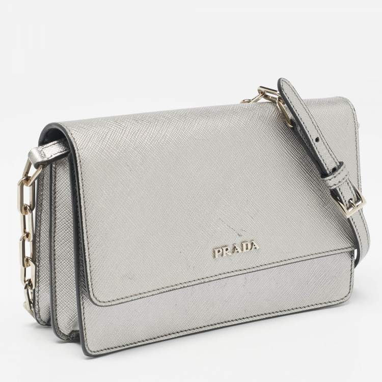 Pre Owned Prada Silver Saffiano Lux Leather Flap Chain Clutch