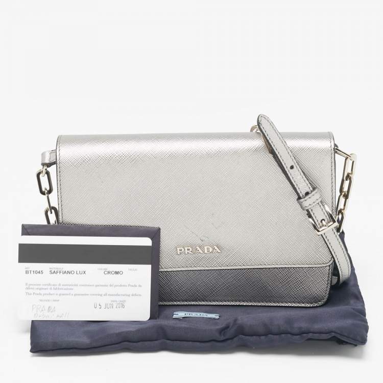 Pre Owned Prada Silver Saffiano Lux Leather Flap Chain Clutch