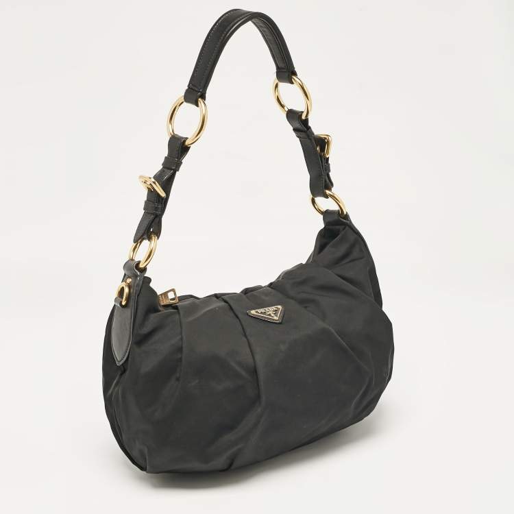 Pre Owned Prada Black Nylon Pleated Hobo