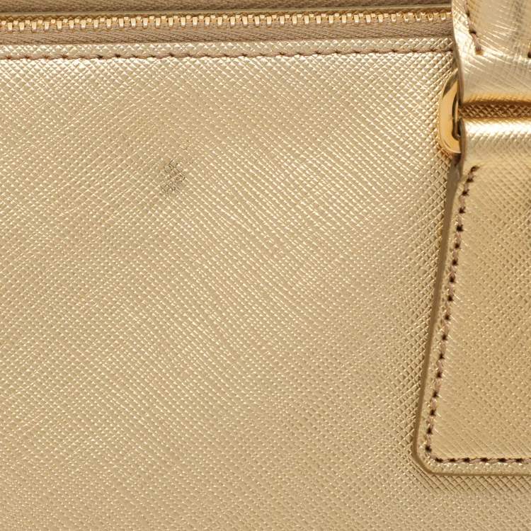 Pre Owned Prada Gold Saffiano Lux Leather Small Double Zip Tote