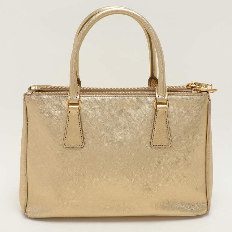 Pre Owned Prada Gold Saffiano Lux Leather Small Double Zip Tote