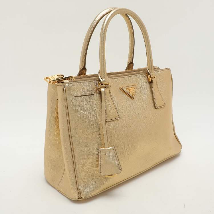 Pre Owned Prada Gold Saffiano Lux Leather Small Double Zip Tote
