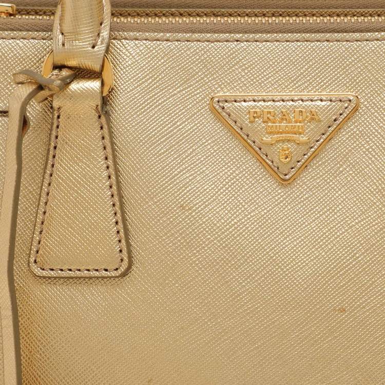 Pre Owned Prada Gold Saffiano Lux Leather Small Double Zip Tote