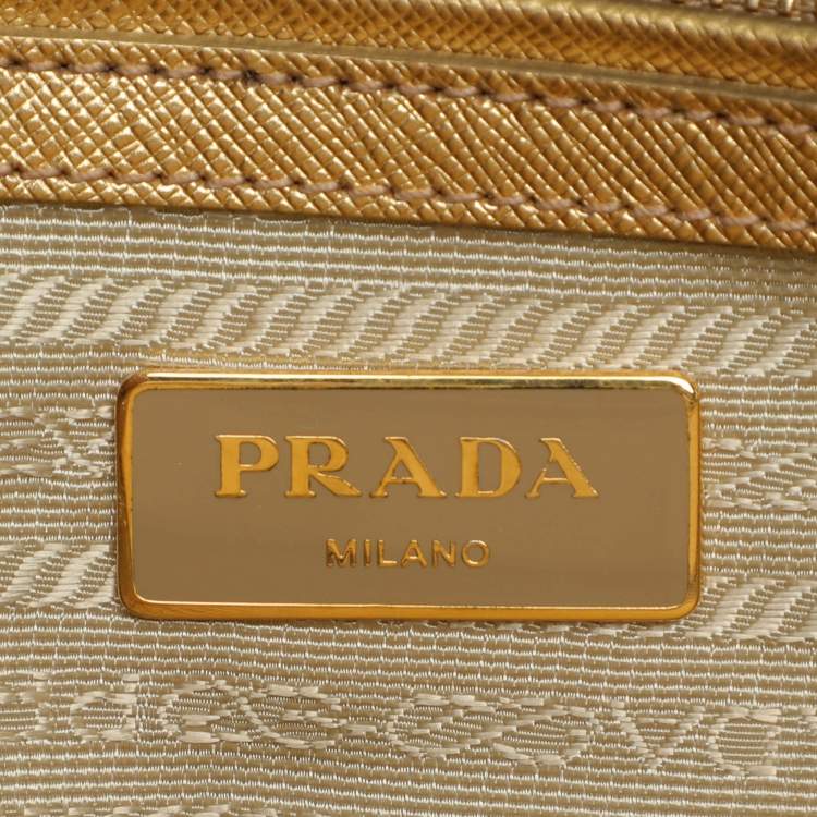 Pre Owned Prada Gold Saffiano Lux Leather Small Double Zip Tote