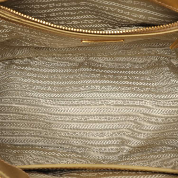 Pre Owned Prada Gold Saffiano Lux Leather Small Double Zip Tote