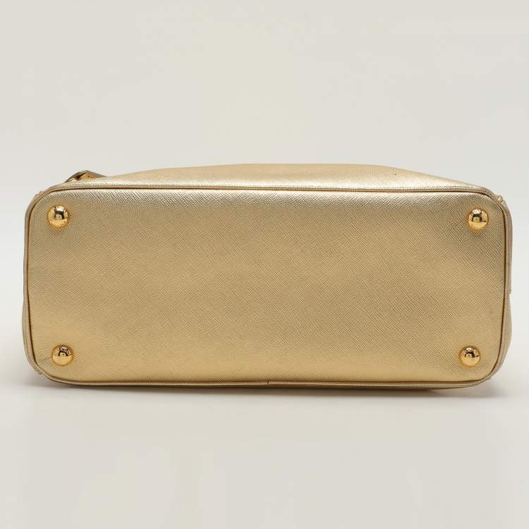 Pre Owned Prada Gold Saffiano Lux Leather Small Double Zip Tote