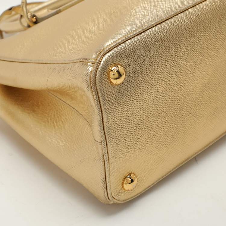 Pre Owned Prada Gold Saffiano Lux Leather Small Double Zip Tote