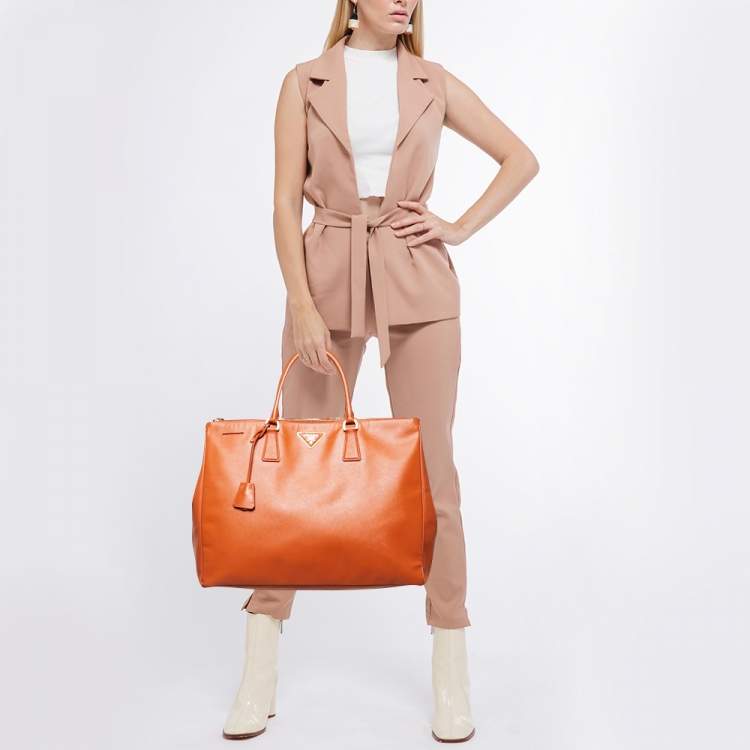 Pre Owned Prada Orange Saffiano Lux Leather Executive Double Zip Tote