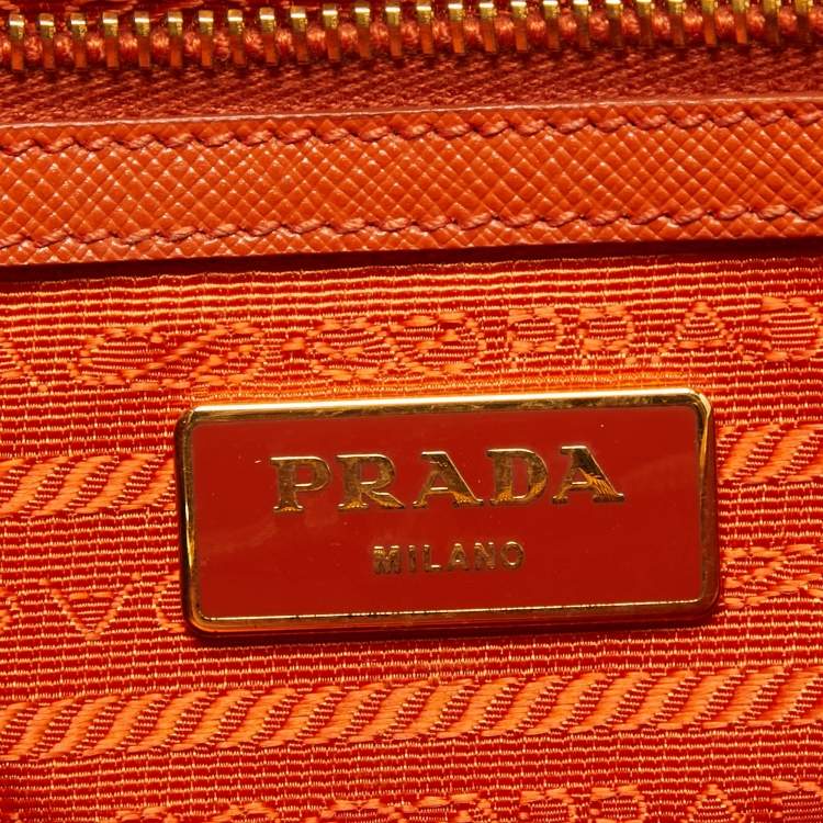 Pre Owned Prada Orange Saffiano Lux Leather Executive Double Zip Tote