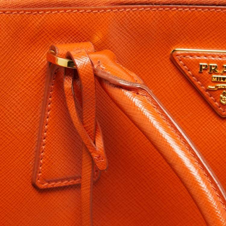 Pre Owned Prada Orange Saffiano Lux Leather Executive Double Zip Tote