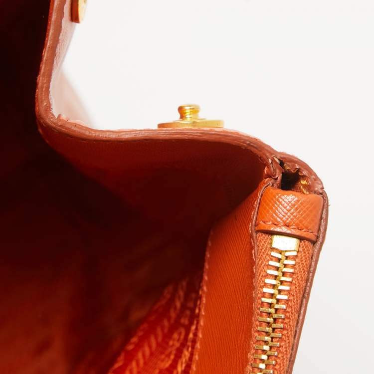Pre Owned Prada Orange Saffiano Lux Leather Executive Double Zip Tote