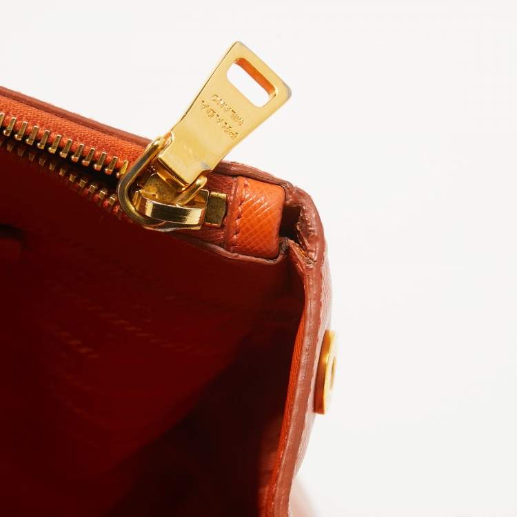 Pre Owned Prada Orange Saffiano Lux Leather Executive Double Zip Tote