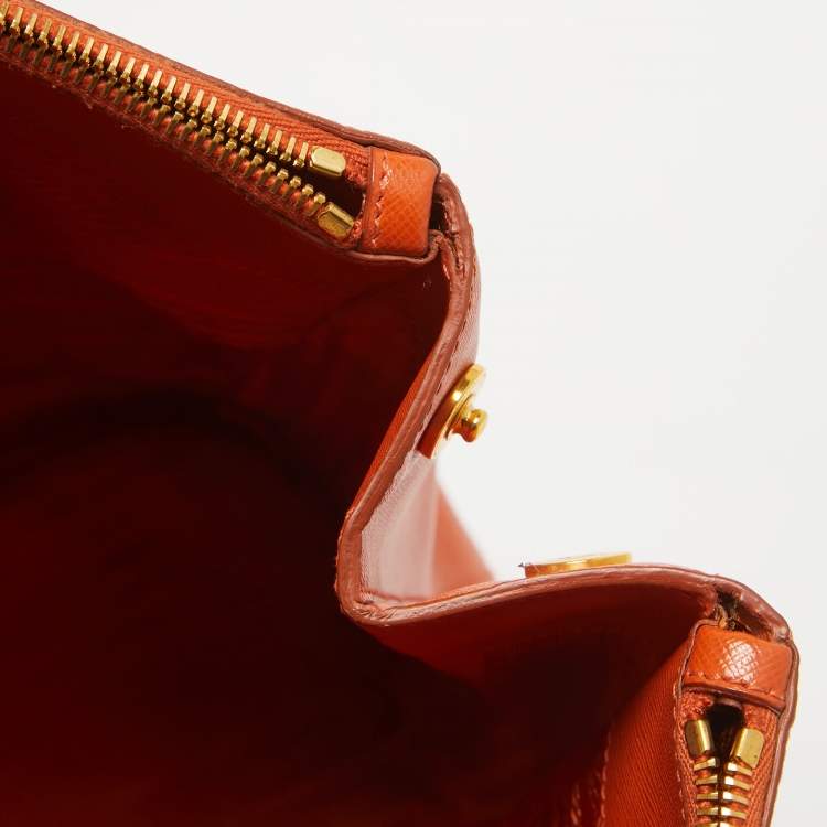 Pre Owned Prada Orange Saffiano Lux Leather Executive Double Zip Tote