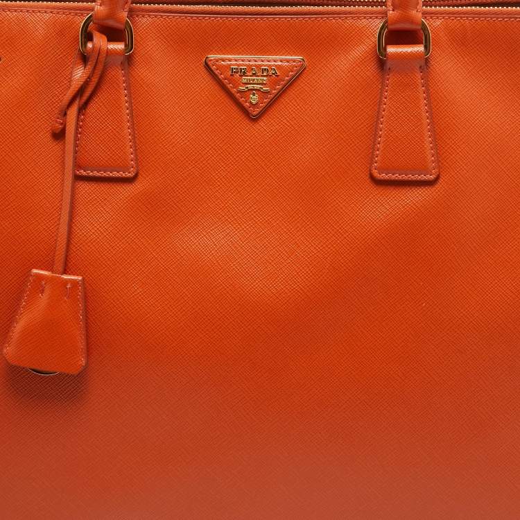 Pre Owned Prada Orange Saffiano Lux Leather Executive Double Zip Tote