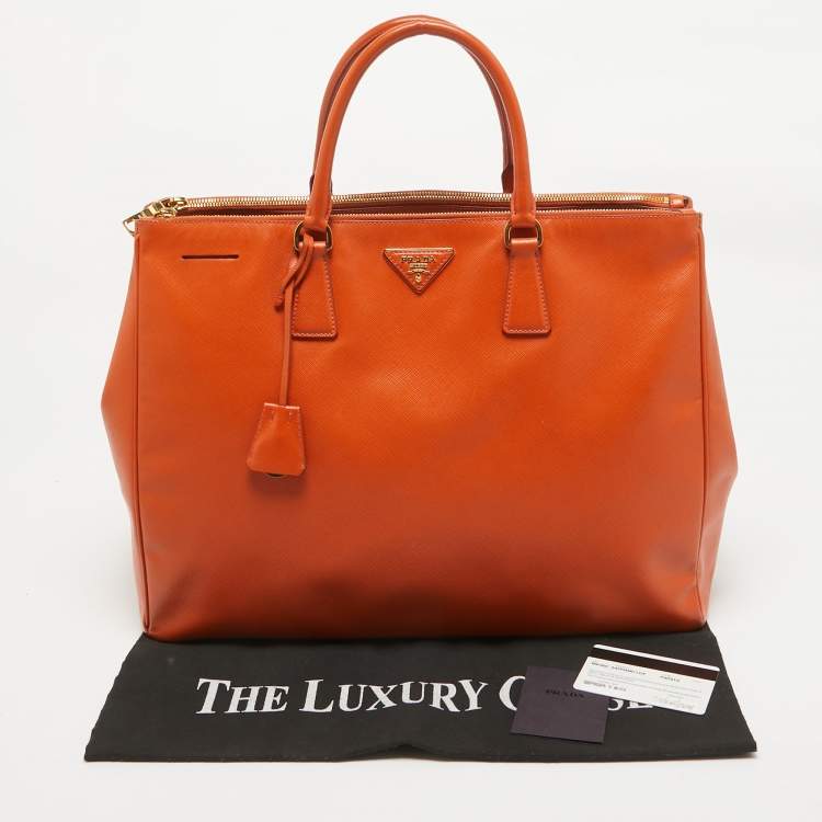 Pre Owned Prada Orange Saffiano Lux Leather Executive Double Zip Tote