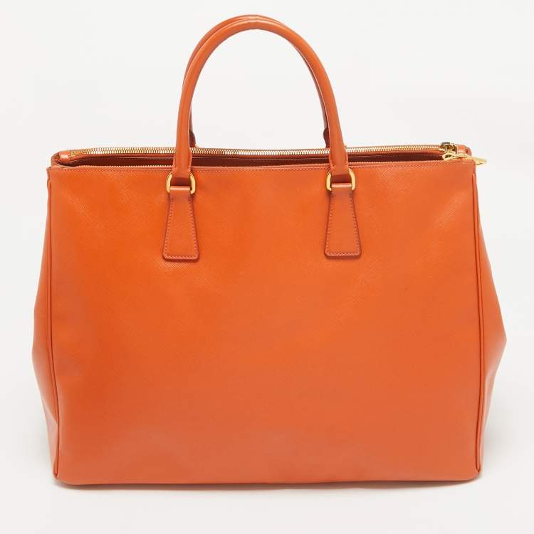 Pre Owned Prada Orange Saffiano Lux Leather Executive Double Zip Tote
