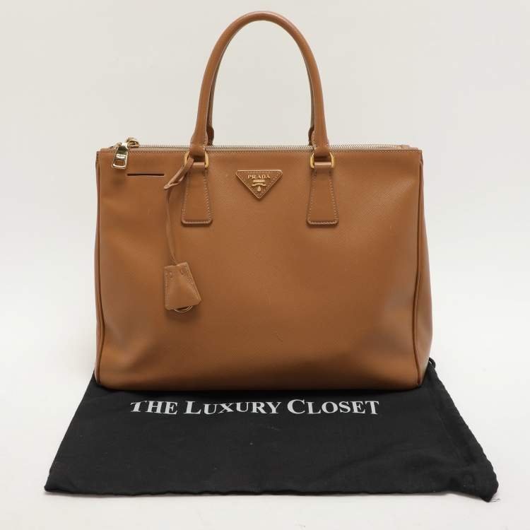 Pre Owned Prada Caramel Saffiano Lux Leather Large Galleria Double Zip Tote