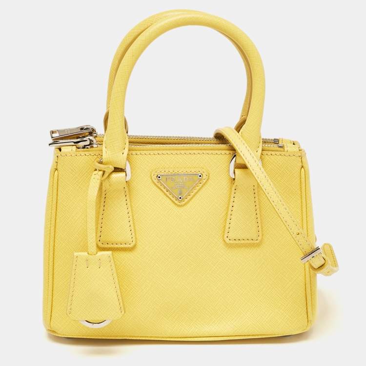 Pre Owned Prada Yellow Saffiano Lux Leather Mini Double Zip Tote