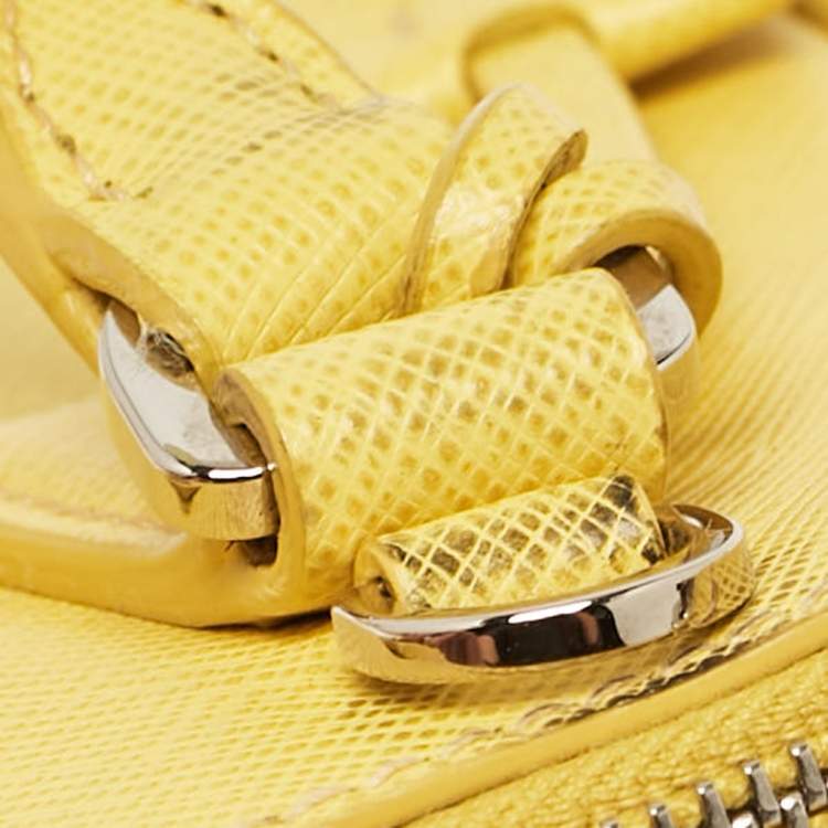 Pre Owned Prada Yellow Saffiano Lux Leather Mini Double Zip Tote
