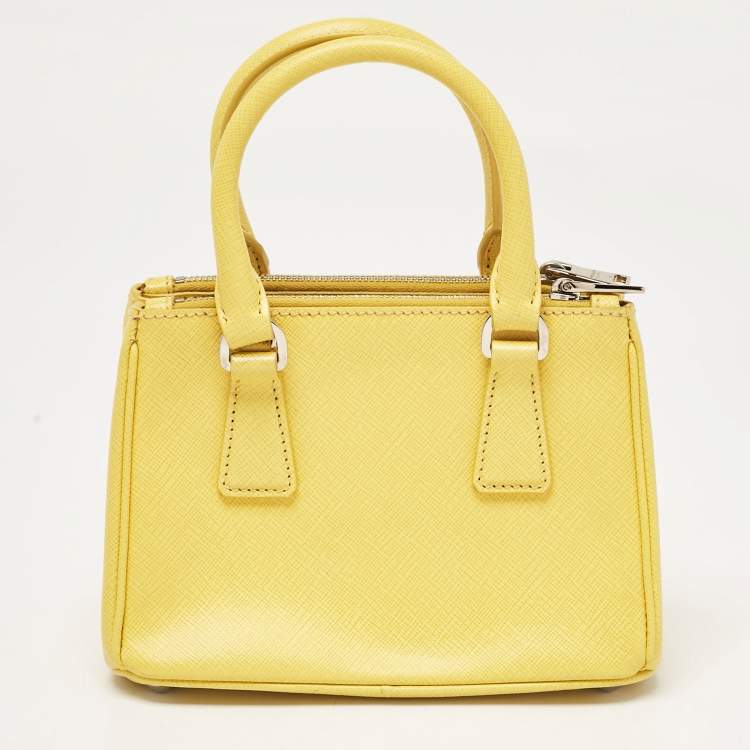 Pre Owned Prada Yellow Saffiano Lux Leather Mini Double Zip Tote