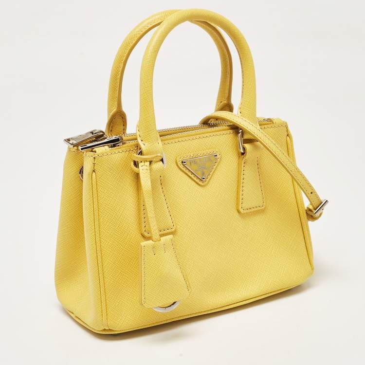 Pre Owned Prada Yellow Saffiano Lux Leather Mini Double Zip Tote