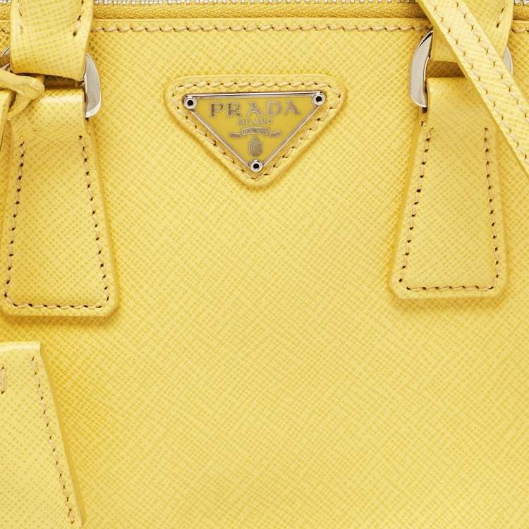 Pre Owned Prada Yellow Saffiano Lux Leather Mini Double Zip Tote