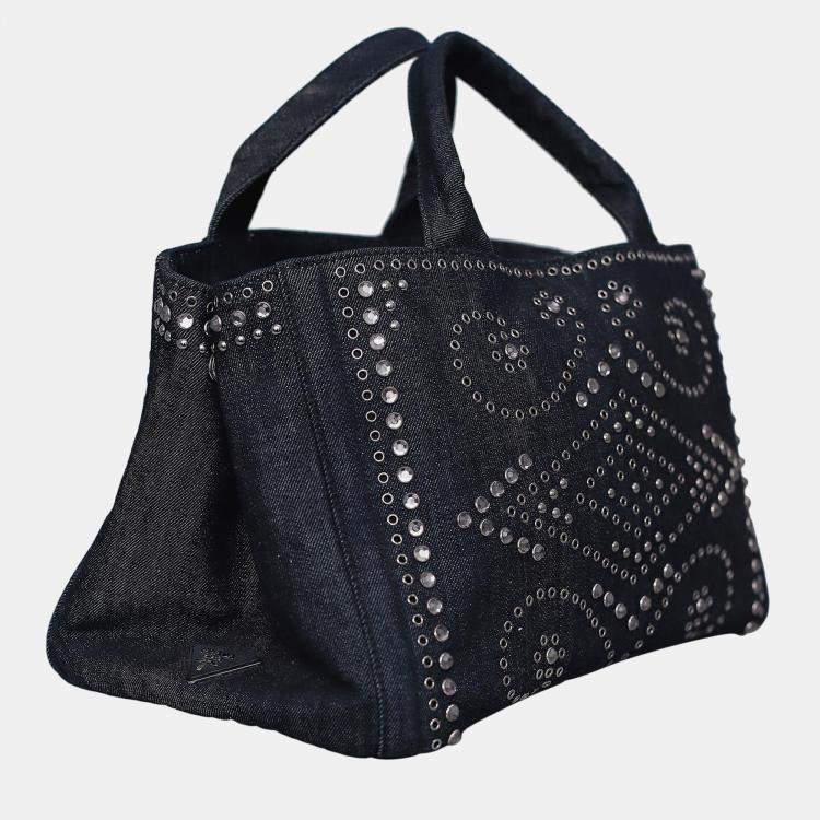 Pre Owned Prada Crystal Embellished & Eyelet Denim Two-Way Bag