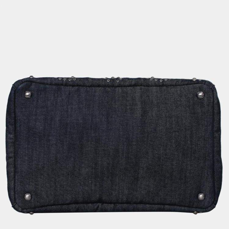 Pre Owned Prada Crystal Embellished & Eyelet Denim Two-Way Bag