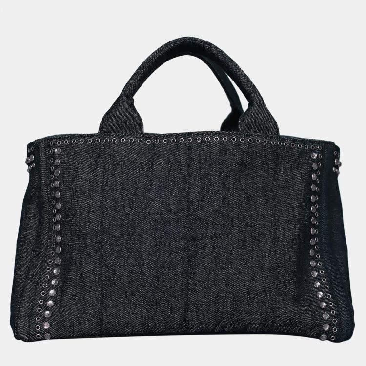 Pre Owned Prada Crystal Embellished & Eyelet Denim Two-Way Bag