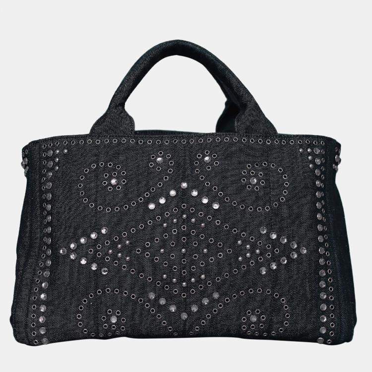 Pre Owned Prada Crystal Embellished & Eyelet Denim Two-Way Bag