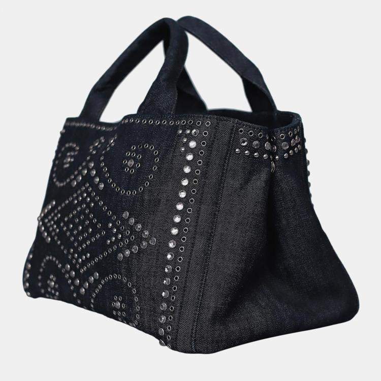 Pre Owned Prada Crystal Embellished & Eyelet Denim Two-Way Bag