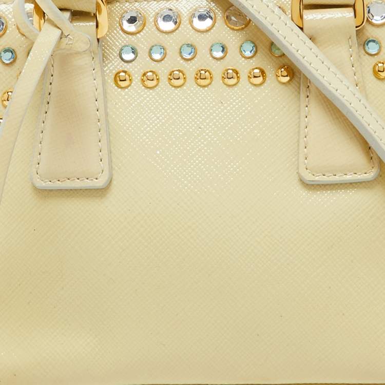 Pre Owned Prada Cream Saffiano Patent Leather Crystal Embellished Pyramid Frame Satchel