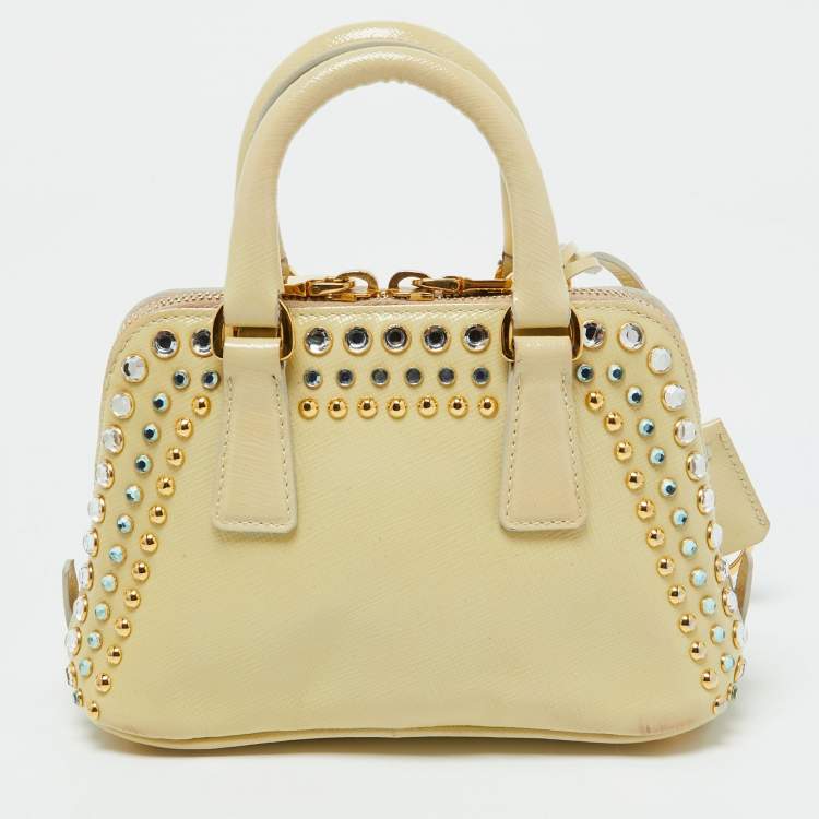 Pre Owned Prada Cream Saffiano Patent Leather Crystal Embellished Pyramid Frame Satchel