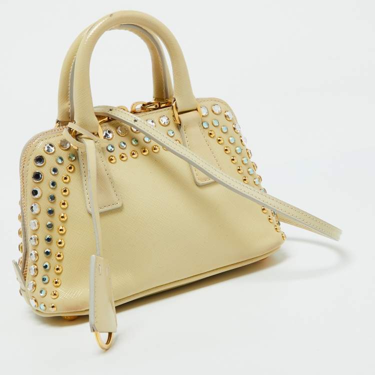 Pre Owned Prada Cream Saffiano Patent Leather Crystal Embellished Pyramid Frame Satchel