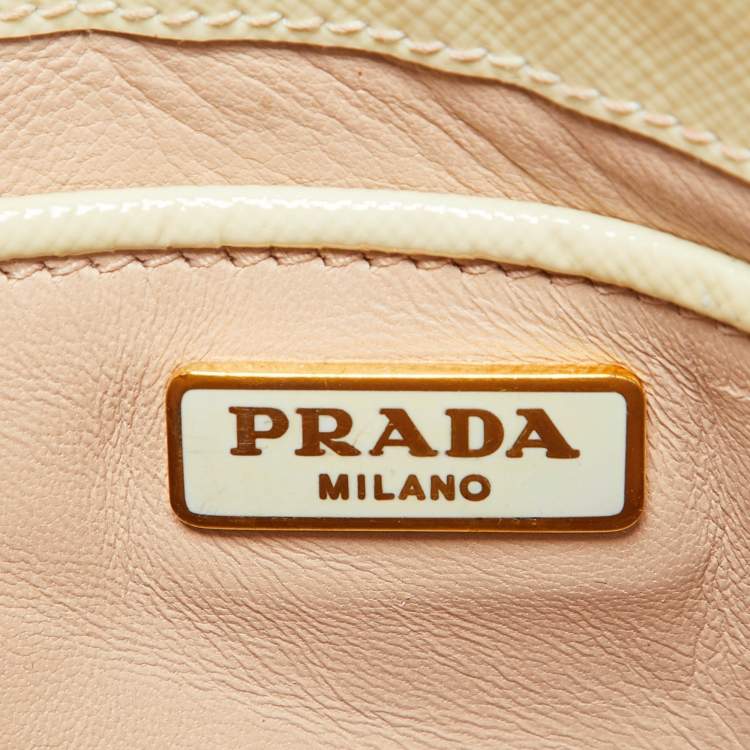 Pre Owned Prada Cream Saffiano Patent Leather Crystal Embellished Pyramid Frame Satchel