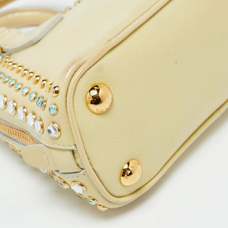 Pre Owned Prada Cream Saffiano Patent Leather Crystal Embellished Pyramid Frame Satchel