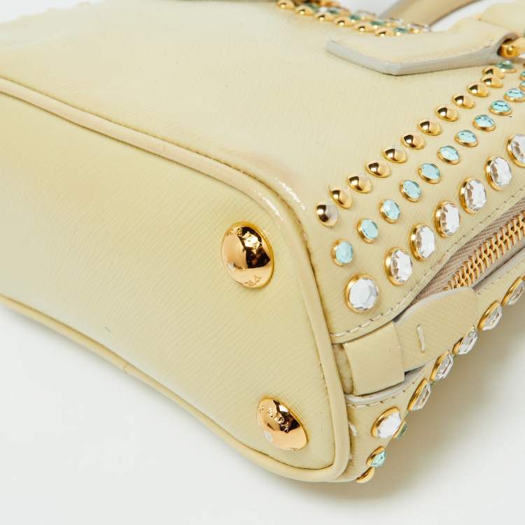 Pre Owned Prada Cream Saffiano Patent Leather Crystal Embellished Pyramid Frame Satchel