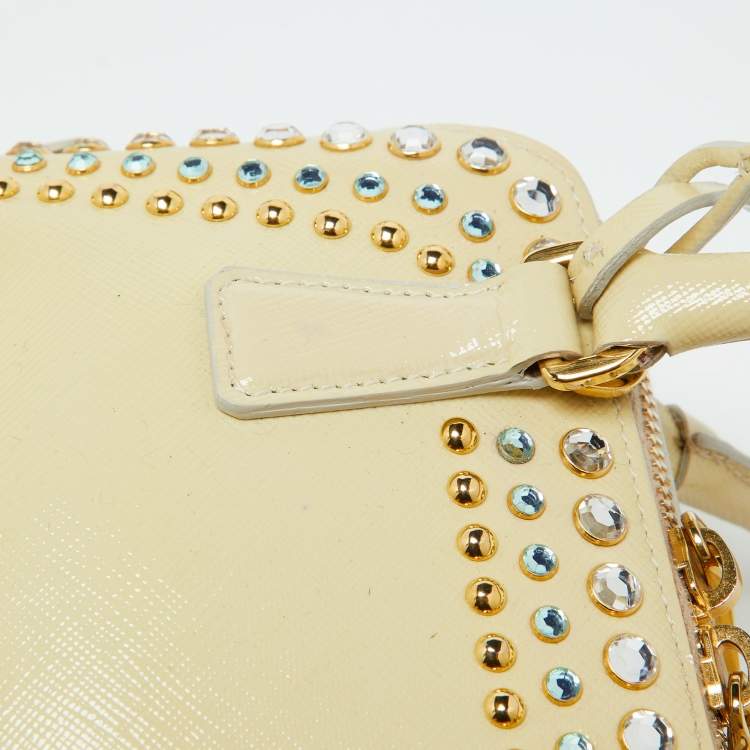 Pre Owned Prada Cream Saffiano Patent Leather Crystal Embellished Pyramid Frame Satchel