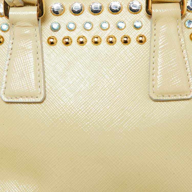 Pre Owned Prada Cream Saffiano Patent Leather Crystal Embellished Pyramid Frame Satchel