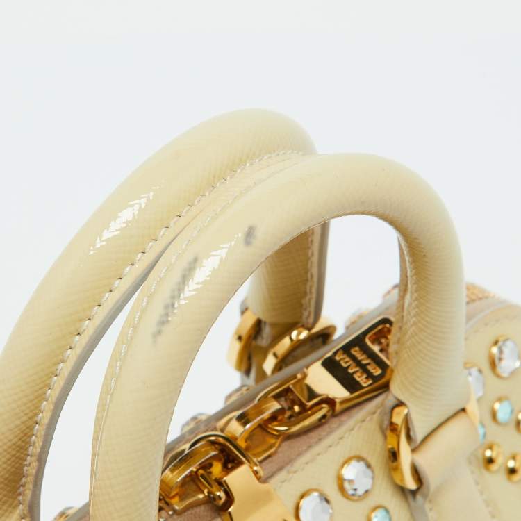Pre Owned Prada Cream Saffiano Patent Leather Crystal Embellished Pyramid Frame Satchel