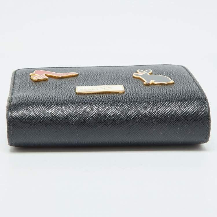 Pre Owned Prada Black Saffiano Leather Rabbit Charm Embellished Compact Wallet