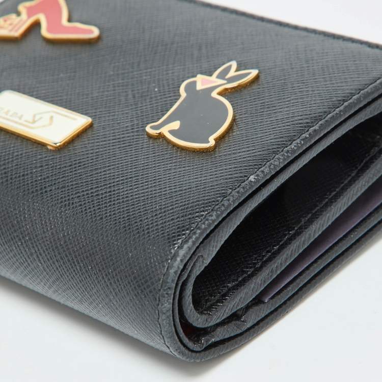 Pre Owned Prada Black Saffiano Leather Rabbit Charm Embellished Compact Wallet