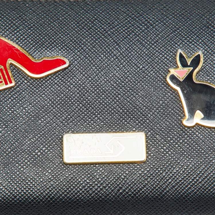 Pre Owned Prada Black Saffiano Leather Rabbit Charm Embellished Compact Wallet