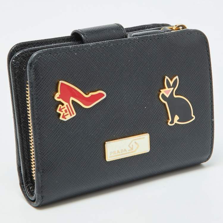 Pre Owned Prada Black Saffiano Leather Rabbit Charm Embellished Compact Wallet