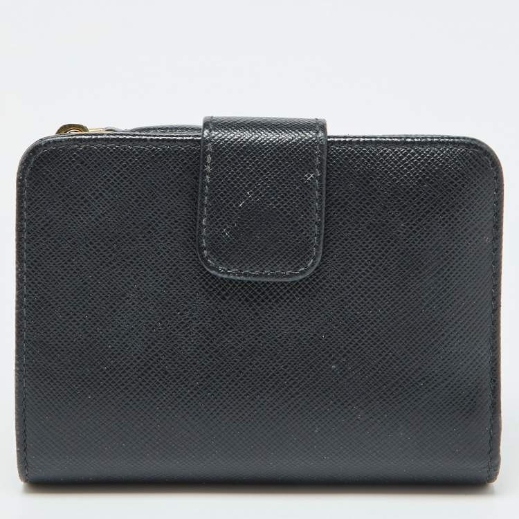 Pre Owned Prada Black Saffiano Leather Rabbit Charm Embellished Compact Wallet