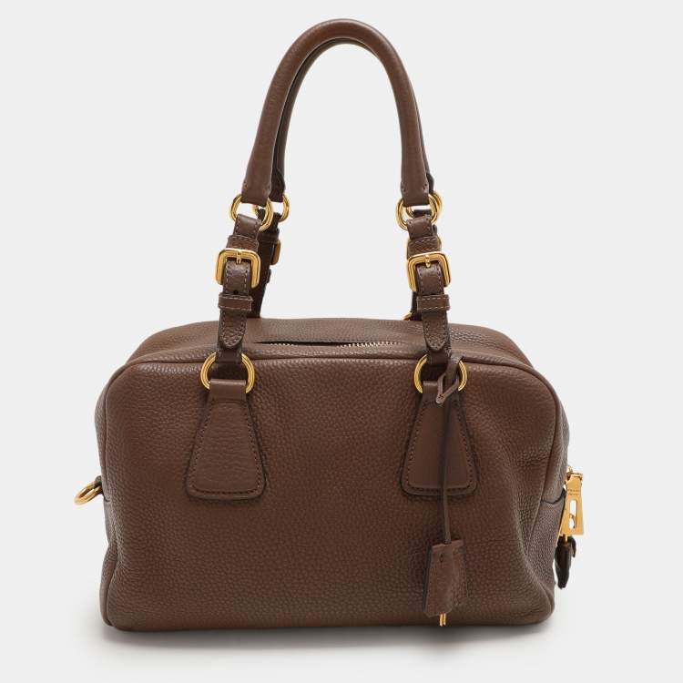 Pre Owned Prada Brown Pebbled Leather Bauletto Satchel